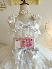 White & Silver Princess Lolita JSK Dress with Layered Ruffle Skirt and Bow Accents
