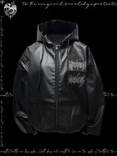 Chic Black PU Moto Jacket with Hood and Graphic Applique Design