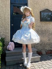 Blue & White Heart Polka Dot Sweetheart Applique Sweet Lolita Dress with Bow Accents