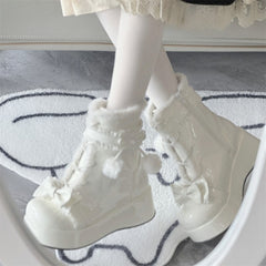 White Sweet Lolita Style Fleece-Lined Platform Snow Boots with Bow and Pom-Pom Accents