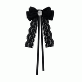 Jirai Kei Black Lace Bow Tie with Rhinestone Decoration