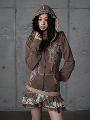 Wasteland Punk Khaki Y2K Tiered Hoodie Dress with Detachable Sleeves & Lace Trim