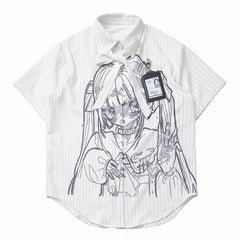 White Stripes Anime Girl Print Short Sleeves Shirt with Bow Tie