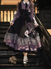 Bittersweet Lolita Apron Dress in Black Stripes and Purple Polka Dot