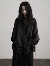 Urban Goth Black Subtle Pattern Drawstring Shirt with Red Button Brooch Decoration