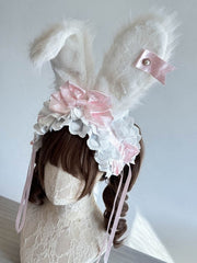 Red/Pink/Light Pink Plush Bunny Ear Lolita Hairband with Polka Dot Bows and Lace Trimmings
