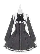 Vintage Black Striped Jirai Kei Dress with Pointed Flat Collar and Cross-Stitch Lace Trim
