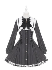 Vintage Black Striped Jirai Kei Dress with Pointed Flat Collar and Cross-Stitch Lace Trim
