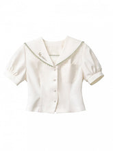 Sailor Collar Beige Short Puff Sleeves Top