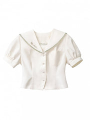 Sailor Collar Beige Short Puff Sleeves Top