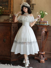 White Illusion Halter Neck Rosette Jacquard Fabric Elegant Dress Full Set