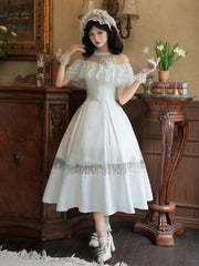 White Illusion Halter Neck Rosette Jacquard Fabric Elegant Dress Full Set