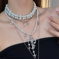 White Beaded Chain Necklace with Cross Pendant