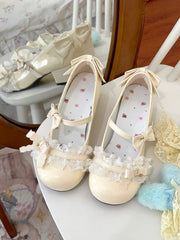 Yellow Sweet Lolita Mid-heel Mary Janes in PU Leather with Bow Accents & Ruffled Lace