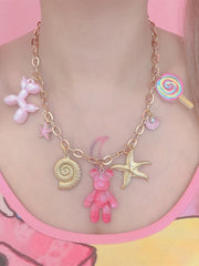 Golden Y2K Chain Necklace With Balloon Dog Bear Candy Starfish/Evil Eye Heart Charms