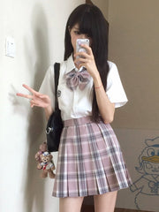 White Preppy Style Floral Embroidery Pleating Details JK Uniform Short Sleeves Shirt