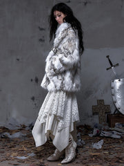 Punk Ivory & Light Brown Faux Fur Coat with PU Buckle Straps & Wide Lapel