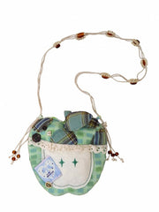 Pink/Green Y2K Apple-Inspired Patchwork Crossbody Bag with Floral and Plaid Patterns