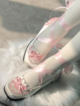 White and Pink Balletcore Lace-up at Ankle Square-toe Satin Shoes