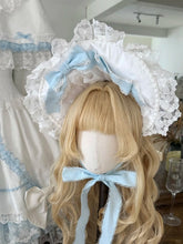 White Lace-Trimmed Sweet Lolita Bonnet with Blue Bowknots