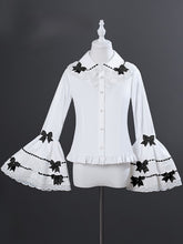 White Tiered Bell Sleeves Blouse with Peter Pan Collar & Thread Detailing