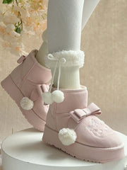 Sweet Pink Lolita Winter Platform Boots - Pompom Accent Bow Design with Embroidered Kitty & Warm Inner