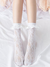 White/Milk White/Black Ruffle Trim Hollowed-out Calf Socks