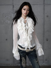 Beige Vintage Princess Blouse with Tiered Flounce Lace & Tie-Neck Detail