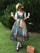 Dark Green Square Neckline Forest Print Elegant Classic Lolita Dress with Bow Detail