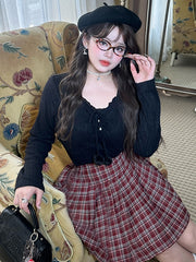 Plus Size Black Pompom Accents V-neck Long Sleeves Lace Top