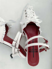 White Lace-up Detail Pointed Toe Gothic Slingback Sandals