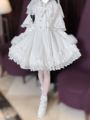 Jirai Kei White Tiered Lace Coat with Detachable Cape and Shaggy Collar