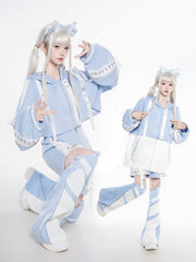 Techwear Cyberpunk Leg Warmers: Light Blue Colorblock Design | Tenshi Kaiwai Aesthetic