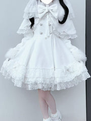 Jirai Kei White Tiered Lace Coat with Detachable Cape and Shaggy Collar