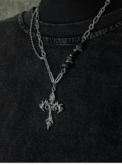 Silver Flame Cross Pendant Necklace with Asymmetric Chain