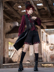Wine Red Point Collar Pleated and Lace Detailing Placket Triangle Hemline Vampire Ouji Lolita Shirt