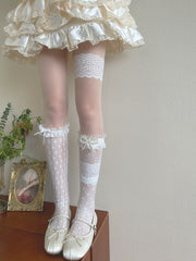 White Semi-sheer Tights/Beaded Bowknot Underknee Stockings/Floral Pattern Lace Trims Underknee Stockings/Tulle Socks/Lace Leg Loop
