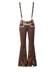 Steampunk Brown Suede Pants with Detachable PU Suspenders & Orange Lace V-Waistband