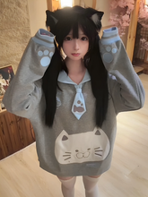 Soft Girl Aesthetic Gray Sweatshirt with Blue Cat-Ear Sailor Collar & Angel Kitten Embroidery