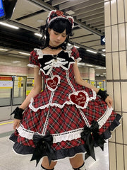 Red & Black Plaid Puff Sleeves Sweet Lolita Dress with Sweetheart Appliques
