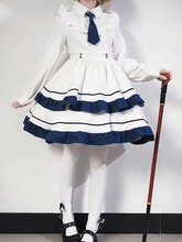 White & Blue Shirt Collar Ruffle Trim Tiered Dress with Tie