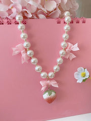 Red/Pink/Beige Bowknots Sweet Strawberry Beaded Necklace