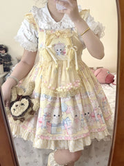 Yellow Kitty and Polka Dots Pattern Print Sweet Lolita Overall Dress