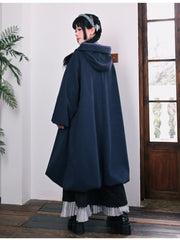 Blue Gothic Cheongsam Puff Sleeve Hooded Long Coat with Jellyfish Embroidery & Bubble Hem