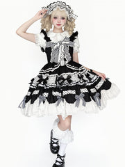 Clearance - Size M for Bust 85-92cm Black and White Old School Lolita Dress Bow Accents Scalloped Edge Trim Skirt