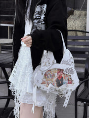 Kitty Ear Design Bowknot Studs Detail White PU Tote Ita Bag with Free Card Holder