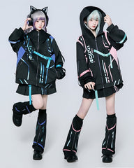 Anime-Inspired Techwear Hooded Jacket in Blue & Purple Gradient with Utility Straps for Cyberpunk Gaming Fashion