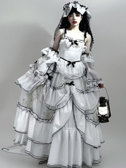 White & Black Ruffled Layers Sweet Lolita Dress Long Version+Train+Head Veil+Detachable Sleeves Full Set - Curve-Friendly Fit