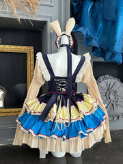 Dark Blue and Red Snow White Sweet Maid Apron + Basque Waist Strapless Tiered Ruffle Puffy Dress