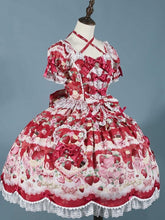 Red Strawberry Cake Print Sweet Lolita Dress with Scalloped Edge Trim and Bow Accents